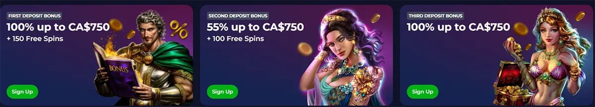 Casino bonus banners promoting first, second, and third deposit offers, featuring illustrated fantasy characters, free spins details, and green sign-up buttons on a dark purple background.