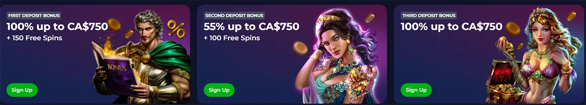Casino bonus banners promoting first, second, and third deposit offers, featuring illustrated fantasy characters, free spins details, and green sign-up buttons on a dark purple background.