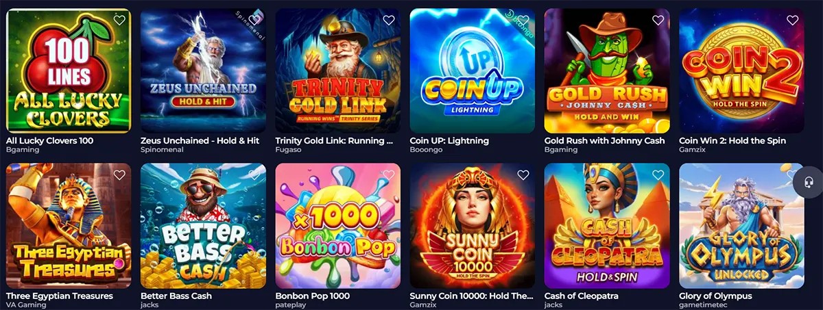 Casino games grid featuring colorful slot titles such as All Lucky Clovers 100, Zeus Unchained, Trinity Gold Link, Coin UP: Lightning, Gold Rush with Johnny Cash, Coin Win 2, and other themed game thumbnails on a dark interface.