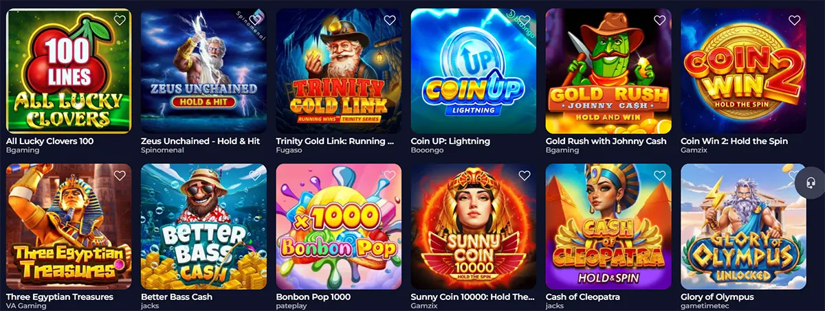 Casino games grid featuring colorful slot titles such as All Lucky Clovers 100, Zeus Unchained, Trinity Gold Link, Coin UP: Lightning, Gold Rush with Johnny Cash, Coin Win 2, and other themed game thumbnails on a dark interface.