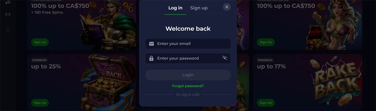 Casino login popup with email and password fields, a dark blue interface, and a blurred bonus promotions background.