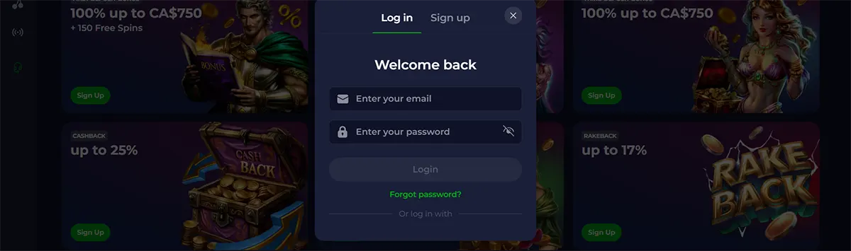 Casino login popup with email and password fields, a dark blue interface, and a blurred bonus promotions background.